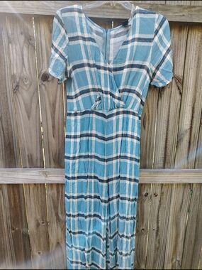 wild fable Blue and Cream Plaid Jumper Short-Sleeve Maxi Dress